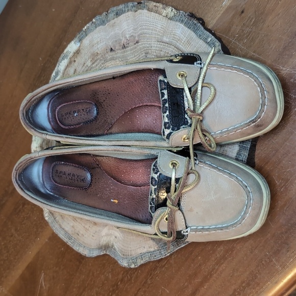 SPERRY TOP SIDER Tan Leather Sparkle Leopard Accents SZ 10 - Picture 1 of 10